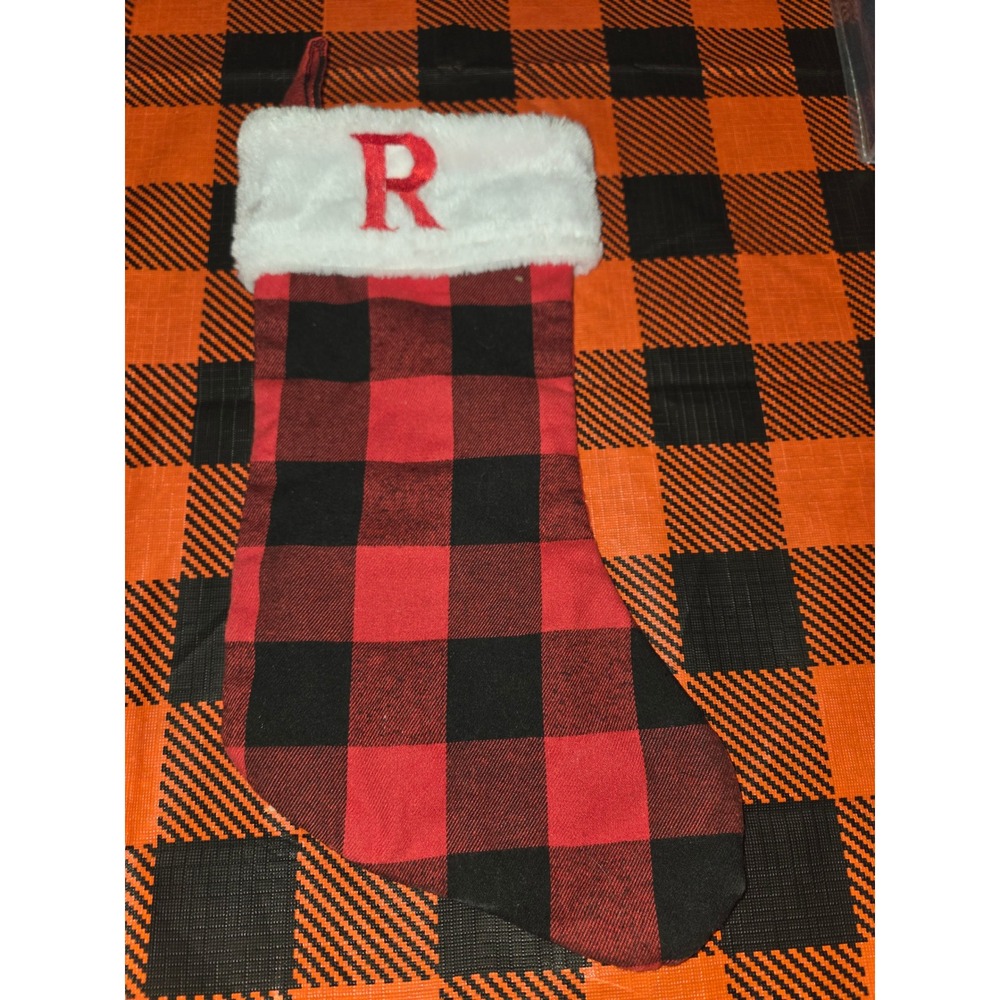 Red Black Buffalo Plaid Christmas Stocking Monogram Letter R Faux Fur Cuff